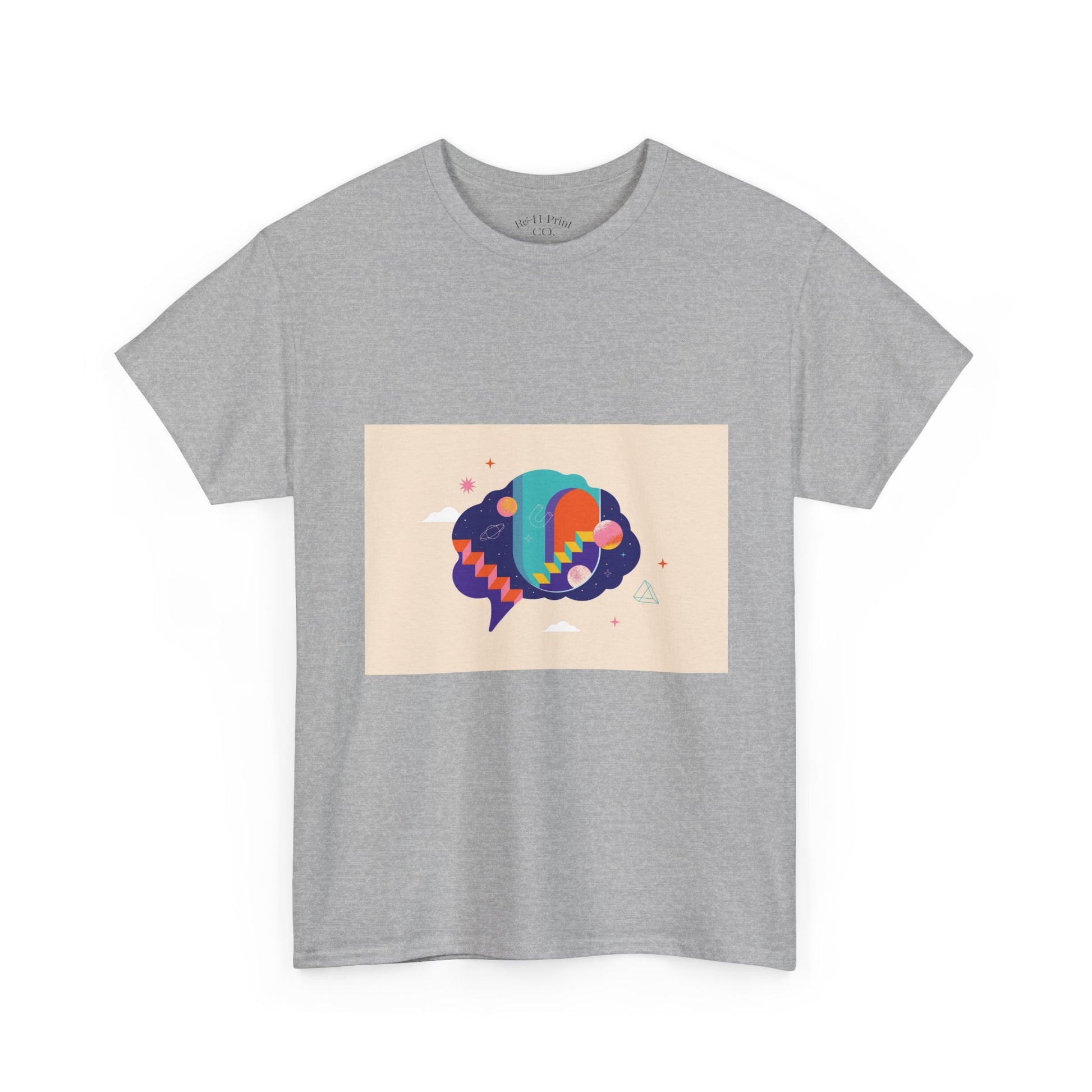 Gray t-shirt with a colorful graphic design on a white background