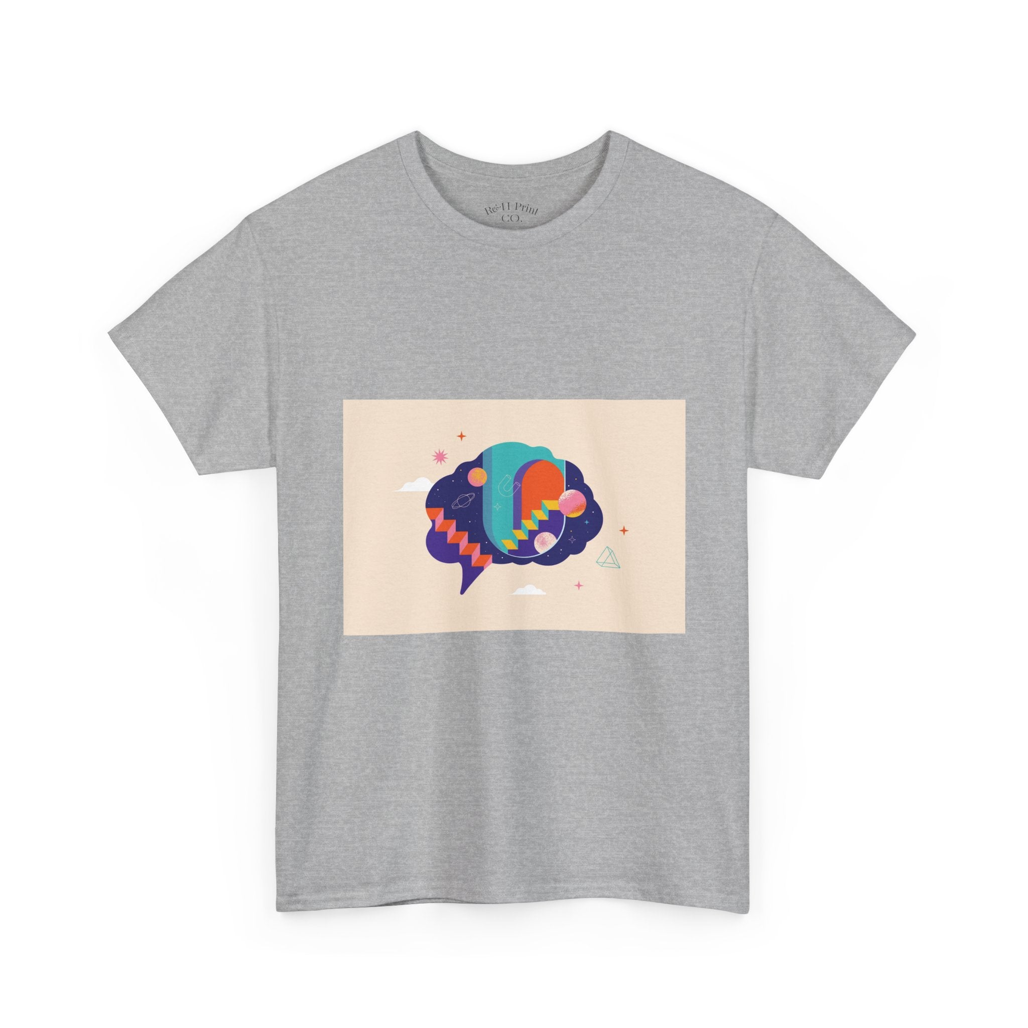 Gray t-shirt with a colorful graphic design on a white background
