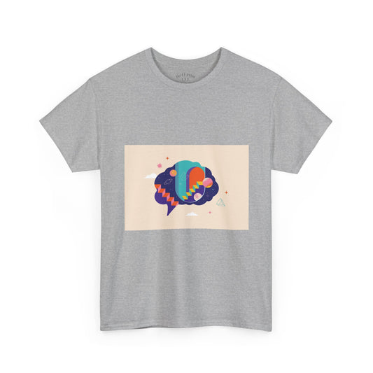 Gray t-shirt with a colorful graphic design on a white background
