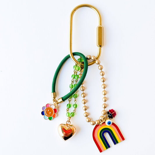 Rainbow Pride Keychain Bag Charm – Green Beads, Puffy Heart, Smiley Face & Lucky Charms