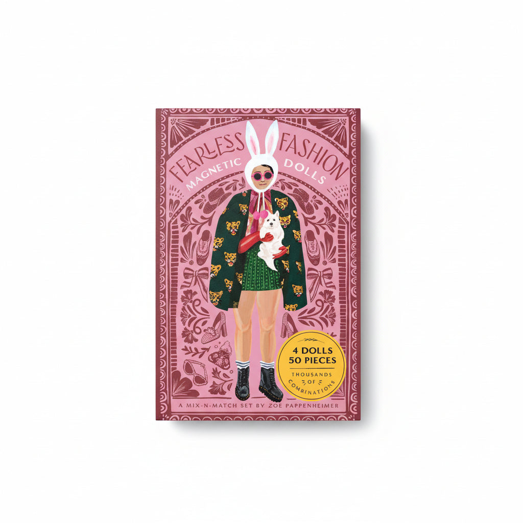 Book cover of 'Fearless Fashion Magnetic Dolls' with a person wearing a bunny head and holding a dog.