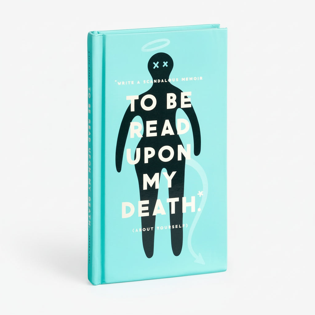 Hardcover journal with “To Be Read Upon My Death” title in bold black and red