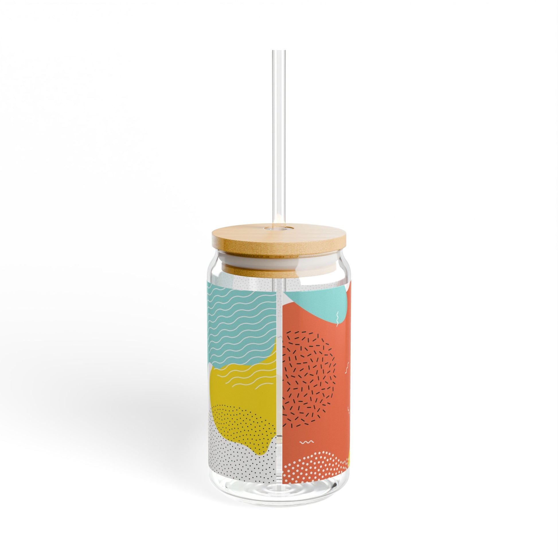 Back of the 16oz sipper glass with abstract design, bamboo lid, and Tritan straw