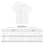 White t-shirt with measurement chart for Gildan 5000 sizes on a white background