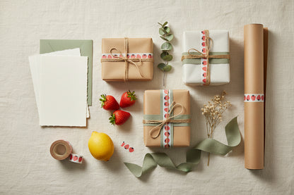Strawberry washi tape used on a variety of wrapped gifts with brown paper and twine with strawberries and lemons in the background.