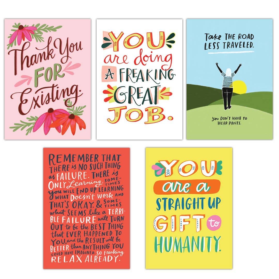Set of five motivational cards with colorful text and graphics on a white background.