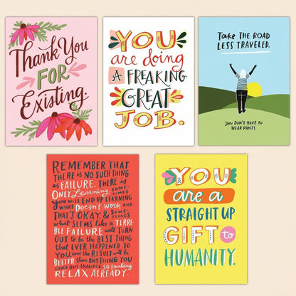 Set of five motivational cards with colorful text and graphics on a white background.