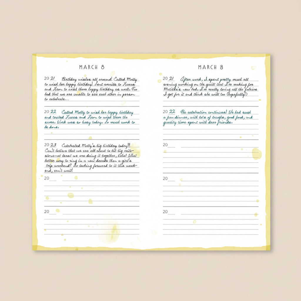 Two pages from a planner with text and a border on a light beige background.