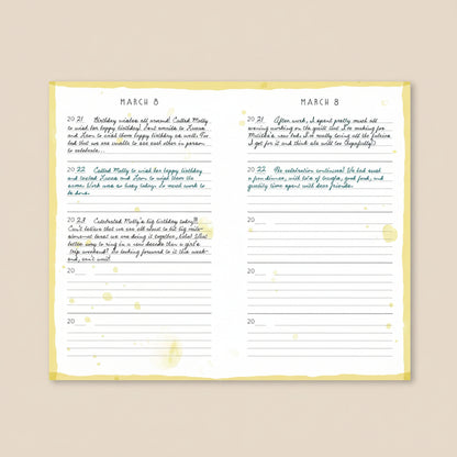 Two pages from a planner with text and a border on a light beige background.