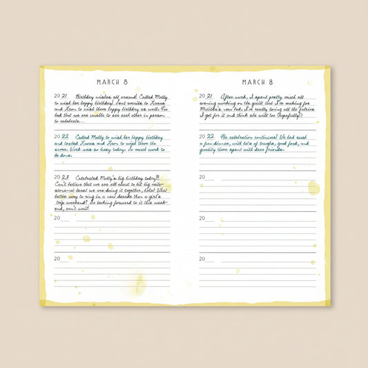 Two pages from a planner with text and a border on a light beige background.