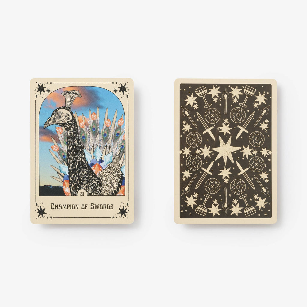 Two tarot cards with intricate designs on a white background