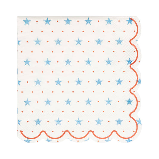 Blue star-patterned cocktail napkins with scalloped edges