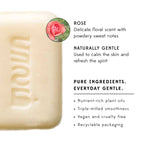 Bar of soap with branding and product details on a white background