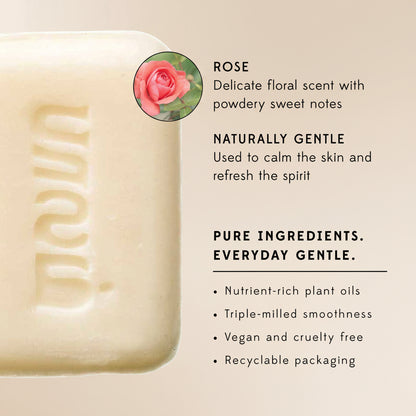 Bar of soap with branding and product details on a white background