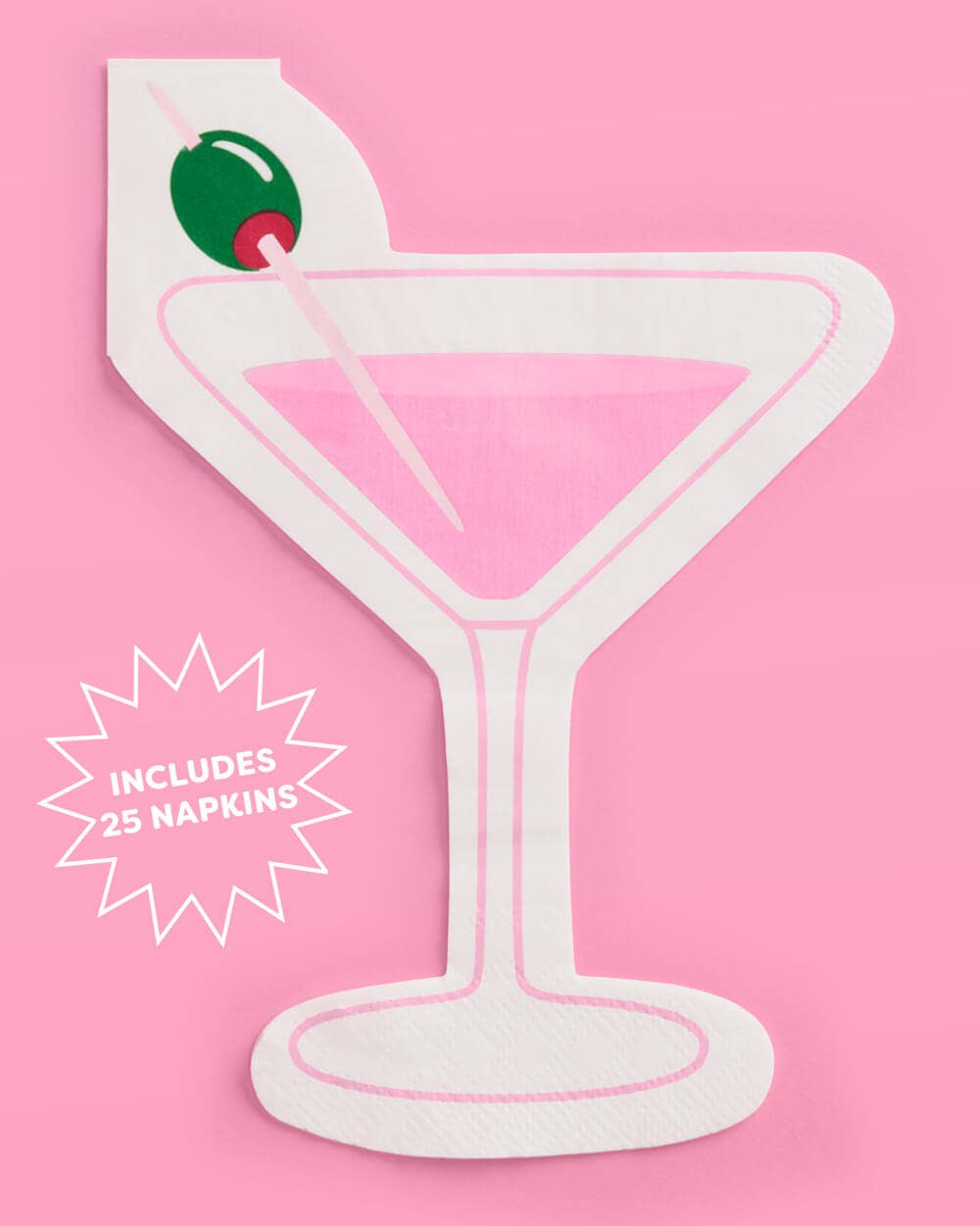 "Extra Dirty" martini-themed paper napkins with a printed pink martini glass and green olive, perfect for cocktails, birthdays, and celebrations.