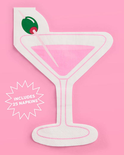"Extra Dirty" martini-themed paper napkins with a printed pink martini glass and green olive, perfect for cocktails, birthdays, and celebrations.