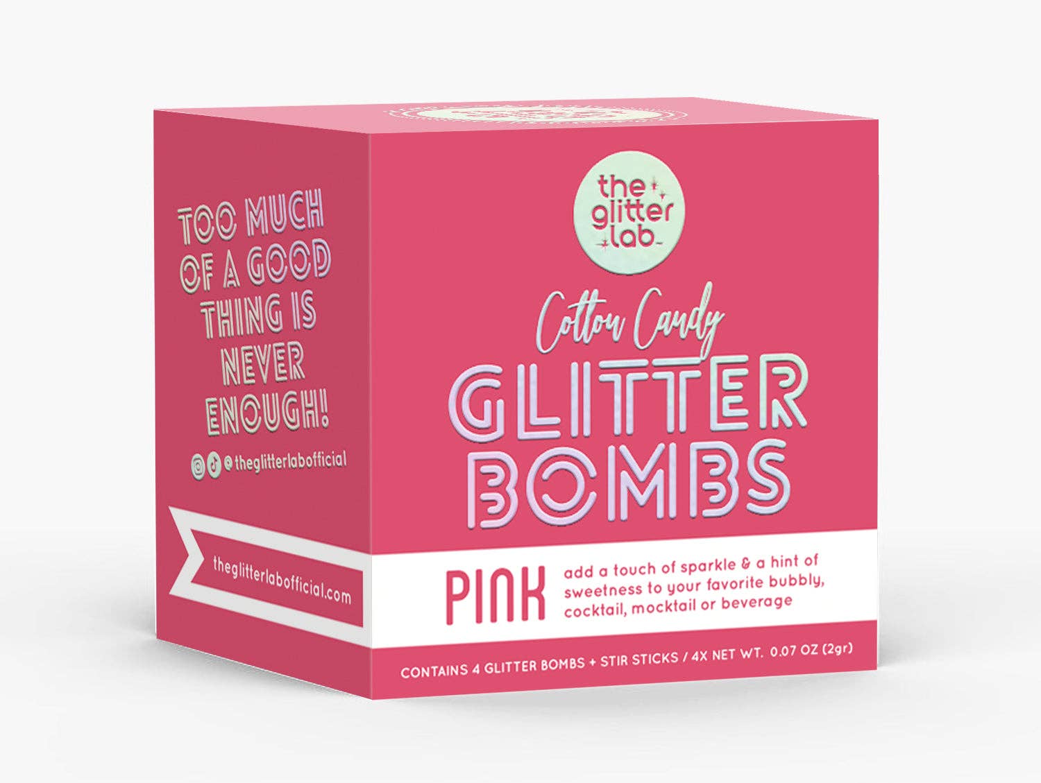 Box of Pink Glitter Bombs with 4 individual pouches and stir sticks, ready to add a splash of shimmer and color to drinks.