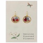 Round dried flower earrings with multicolor blooms in clear acrylic and gold trim