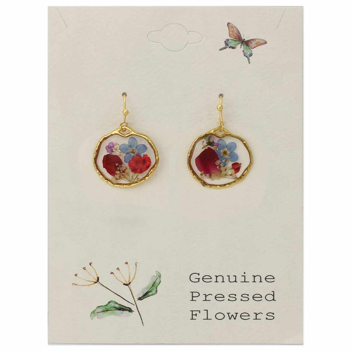 Round dried flower earrings with multicolor blooms in clear acrylic and gold trim
