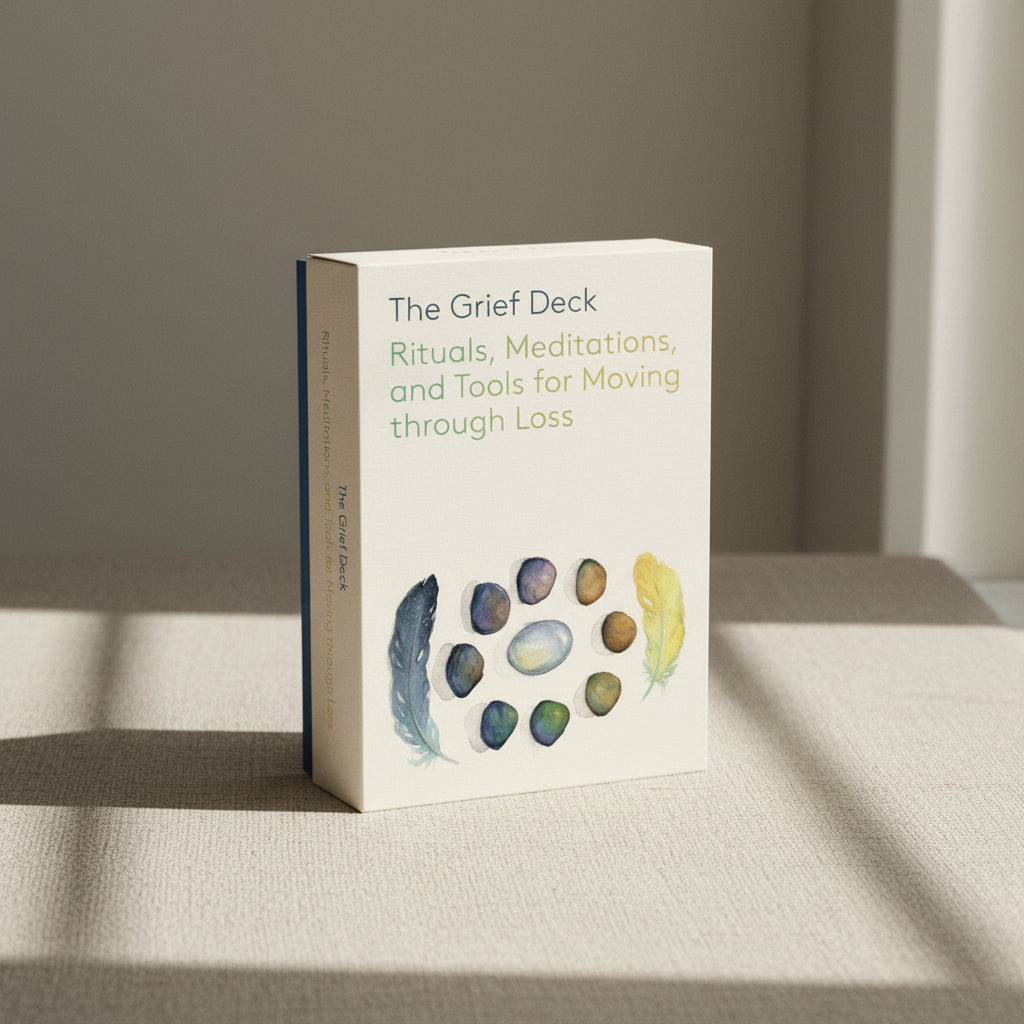 'The Grief Deck' box is decorated with  illustrations of stones and feathers on a beige background