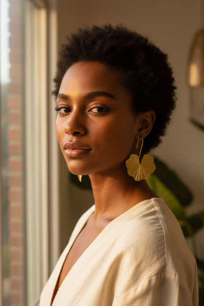 Pair of golden-inspired brass lotus leaf-shaped earrings displayed by being worn with a light white dress on a beige background