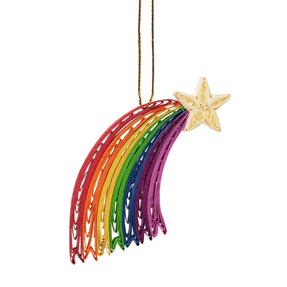 Quilled paper rainbow ornament made from colorful recycled strips, hanging by gold thread