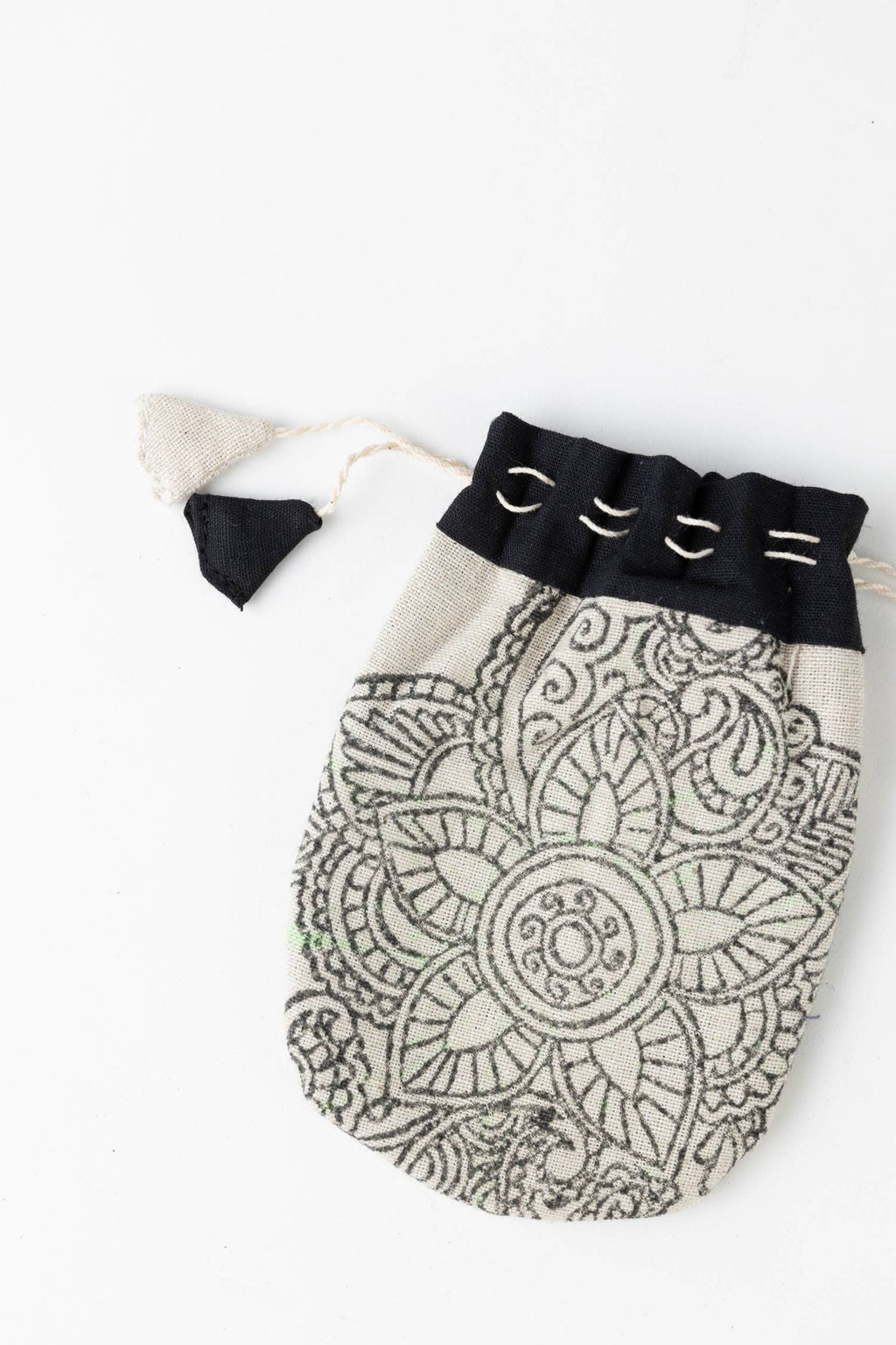 Close up view of fabric gift bags in colorful prints