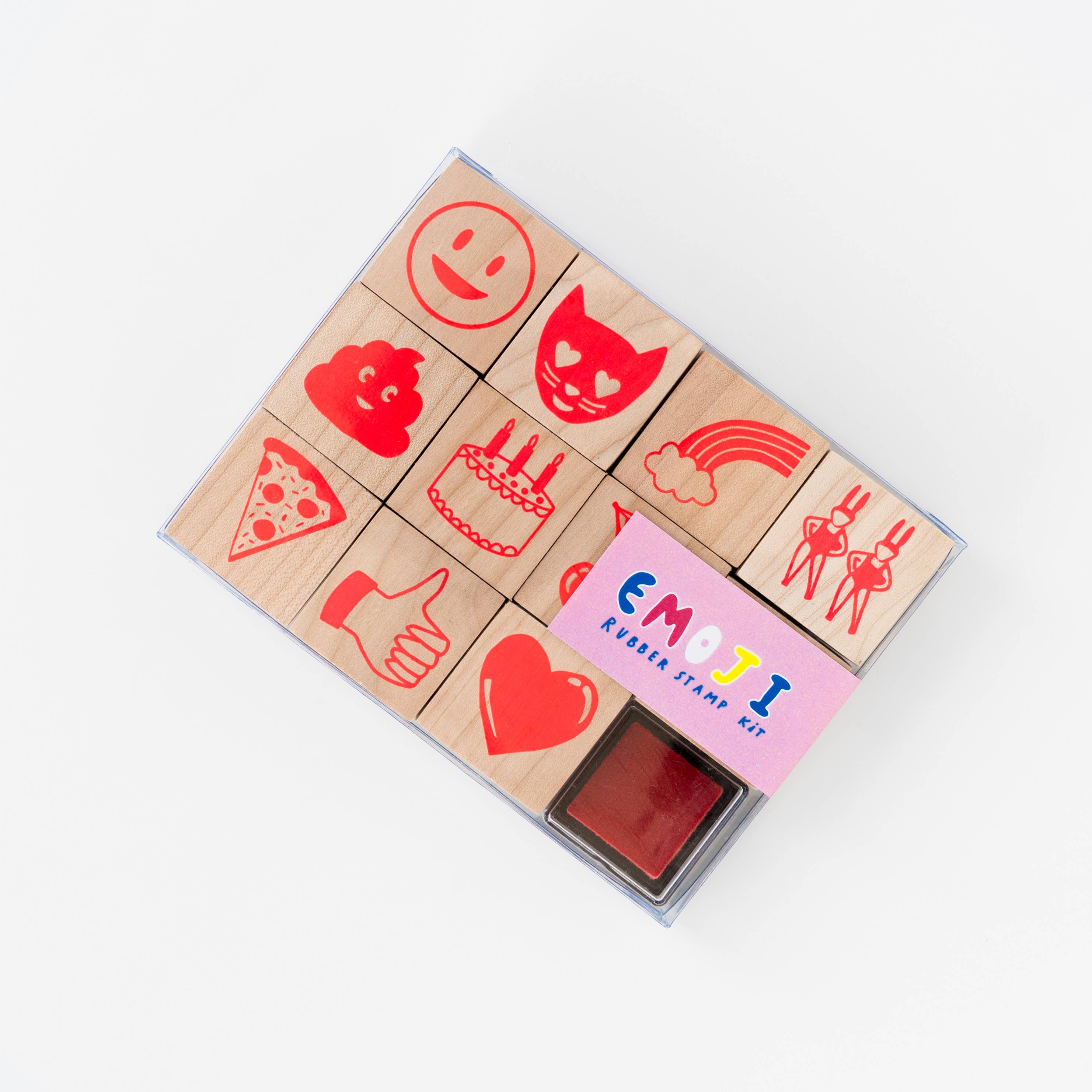 Wood mounted rubber stamps with bubble letter designs and an electric blue neon ink pad, perfect for crafting and personalizing your creations.