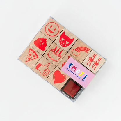 Wood mounted rubber stamps with bubble letter designs and an electric blue neon ink pad, perfect for crafting and personalizing your creations.