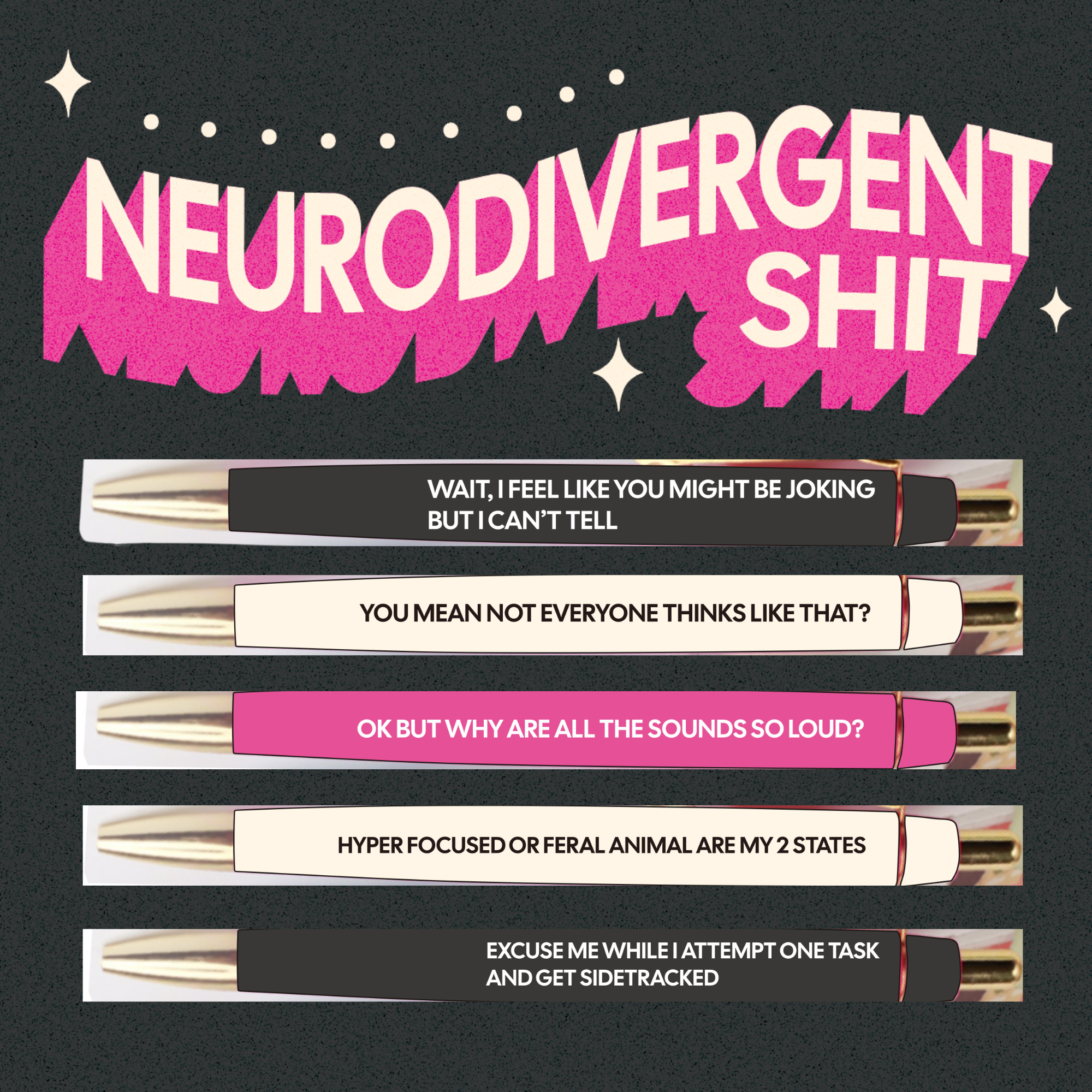Close up of the Neurospicy black ink ballpoint pen set with humorous phrases