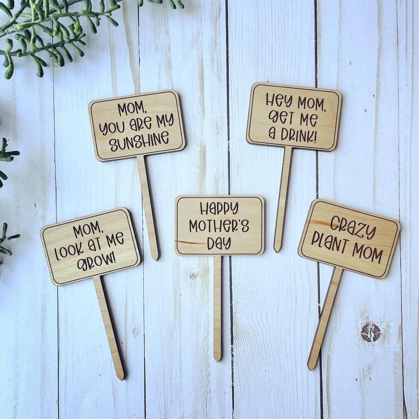 Close-up of engraved wooden plant marker with warm wood tones and precise details.