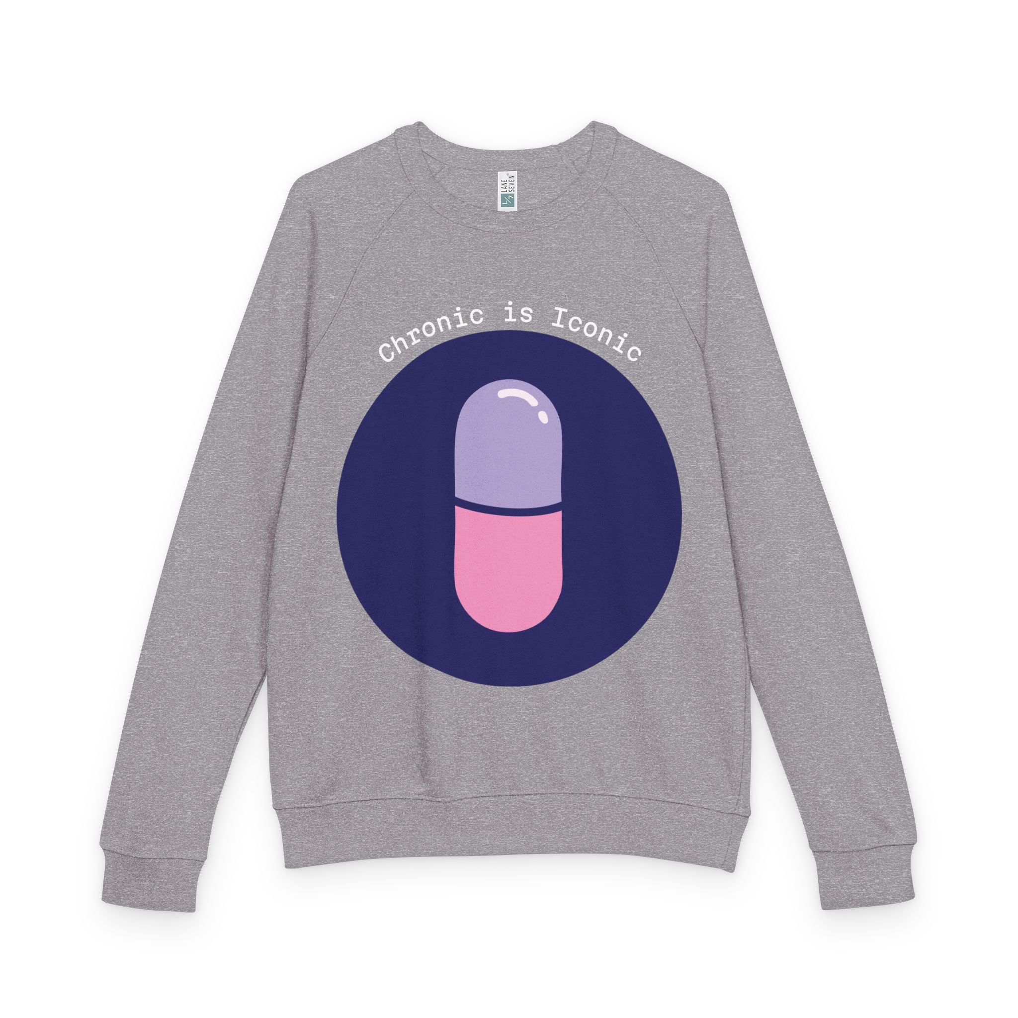 Gray sweatshirt with a pink and purple pill graphic and 'Chronic is Iconic' text on a white background