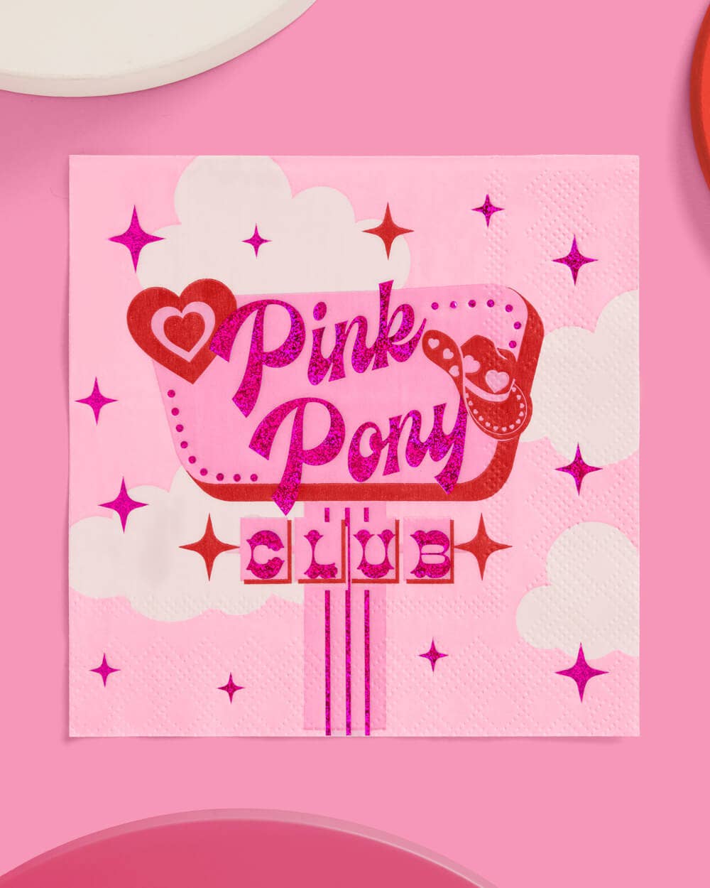 Pink Pony Club napkins for birthday parties, featuring pink & white design with pink iridescent foil | 25 3-ply cocktail napkins