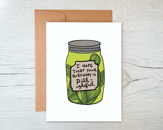 Funny pickle card with kraft envelope styled on a rustic table