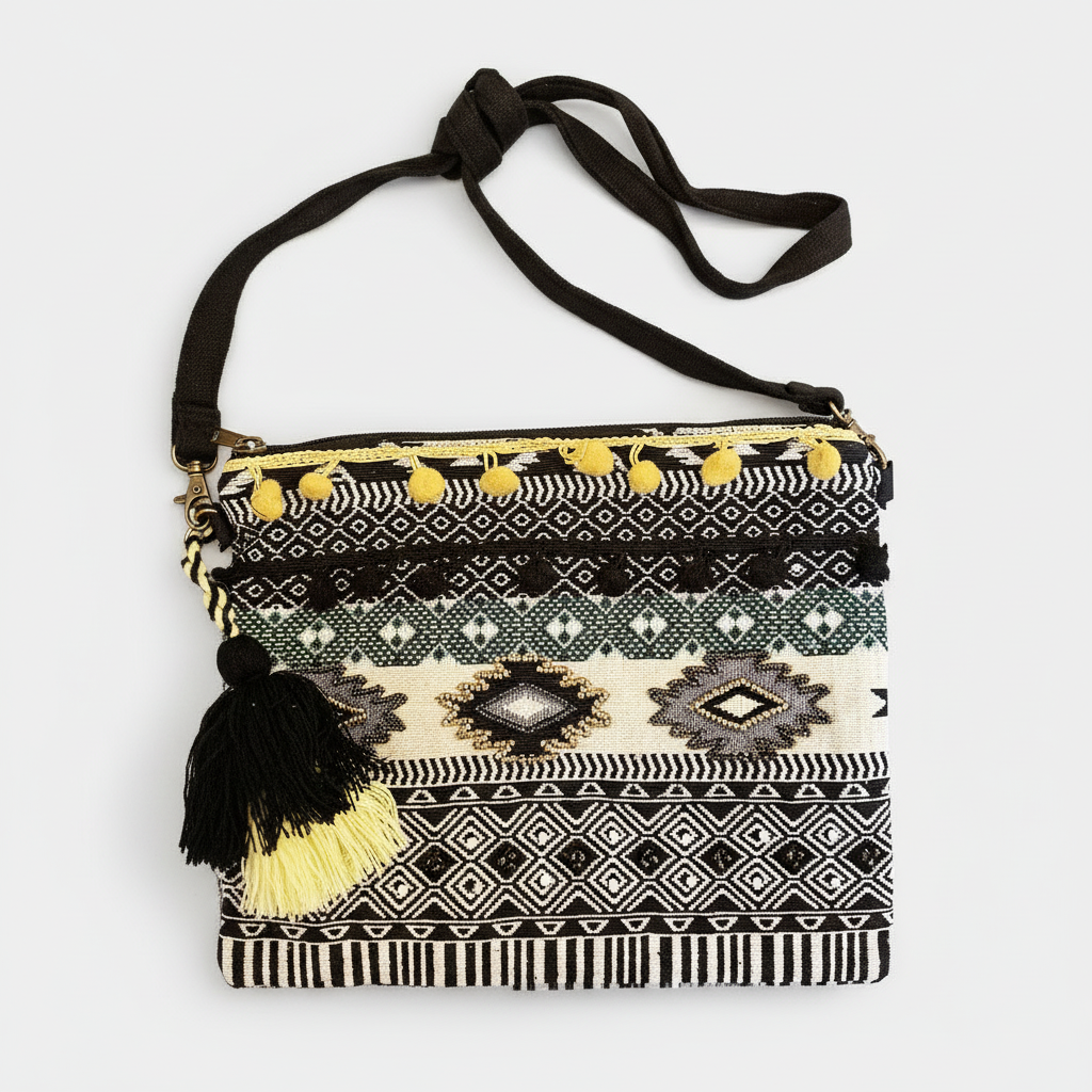 Patterned handbag with tassels on a white background