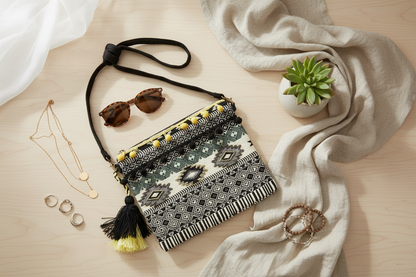 Patterned crossbody bag with tassels closet counter with jewelry, a plant, and sunglasses with a beige background