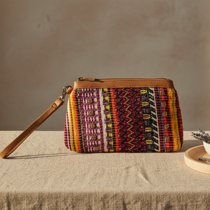 Multicolored patterned pouch with a strap on a table with natural elements and a neutral background.