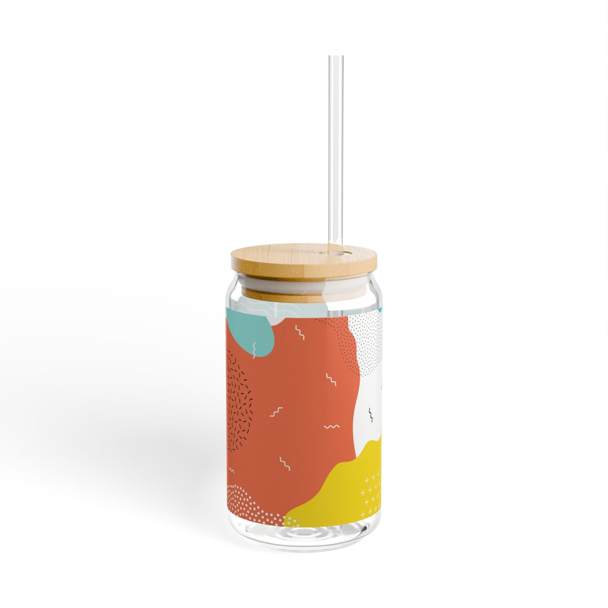 One side of of the 16oz sipper glass with abstract design, bamboo lid, and Tritan straw