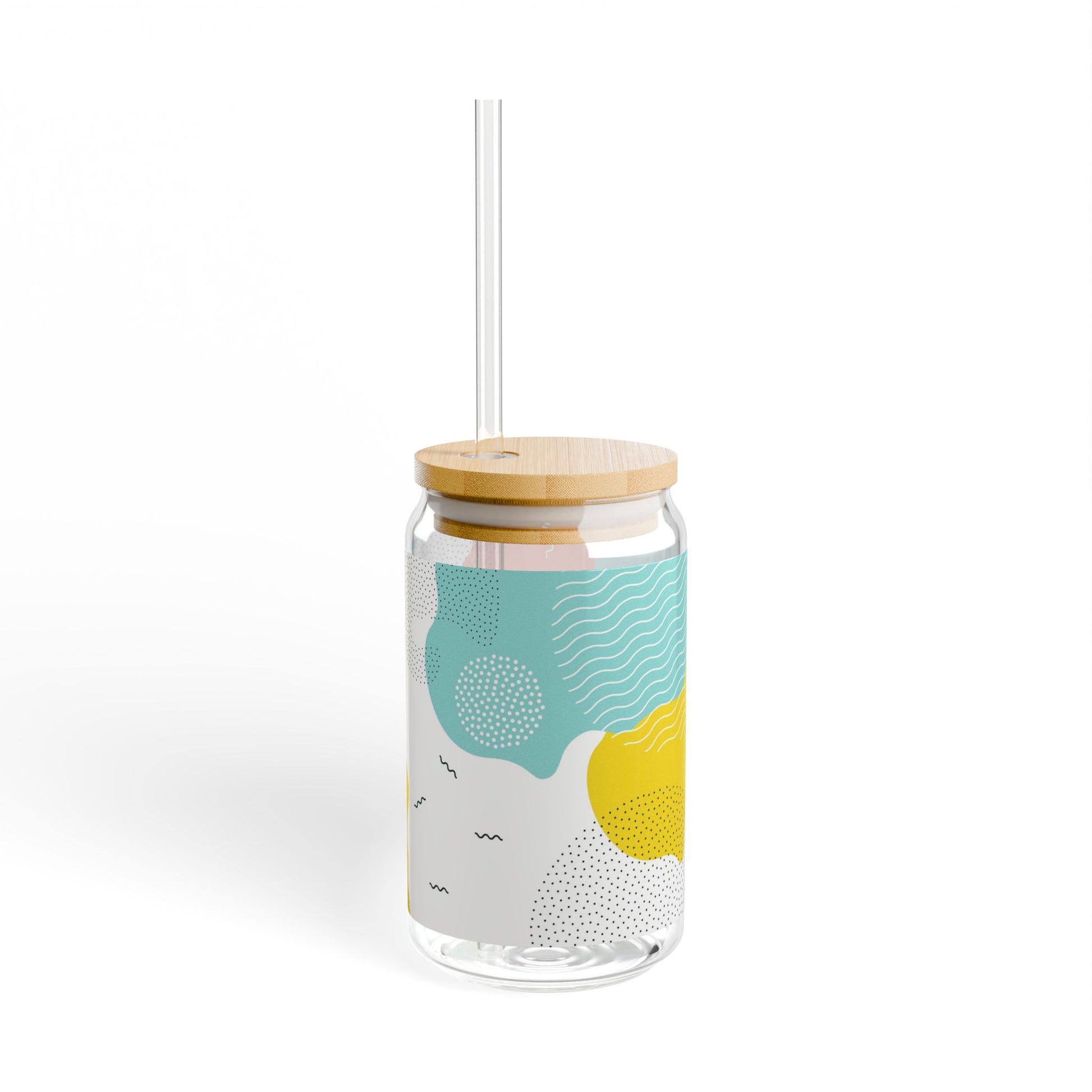 Another side view of the 16oz sipper glass with abstract design, bamboo lid, and Tritan straw