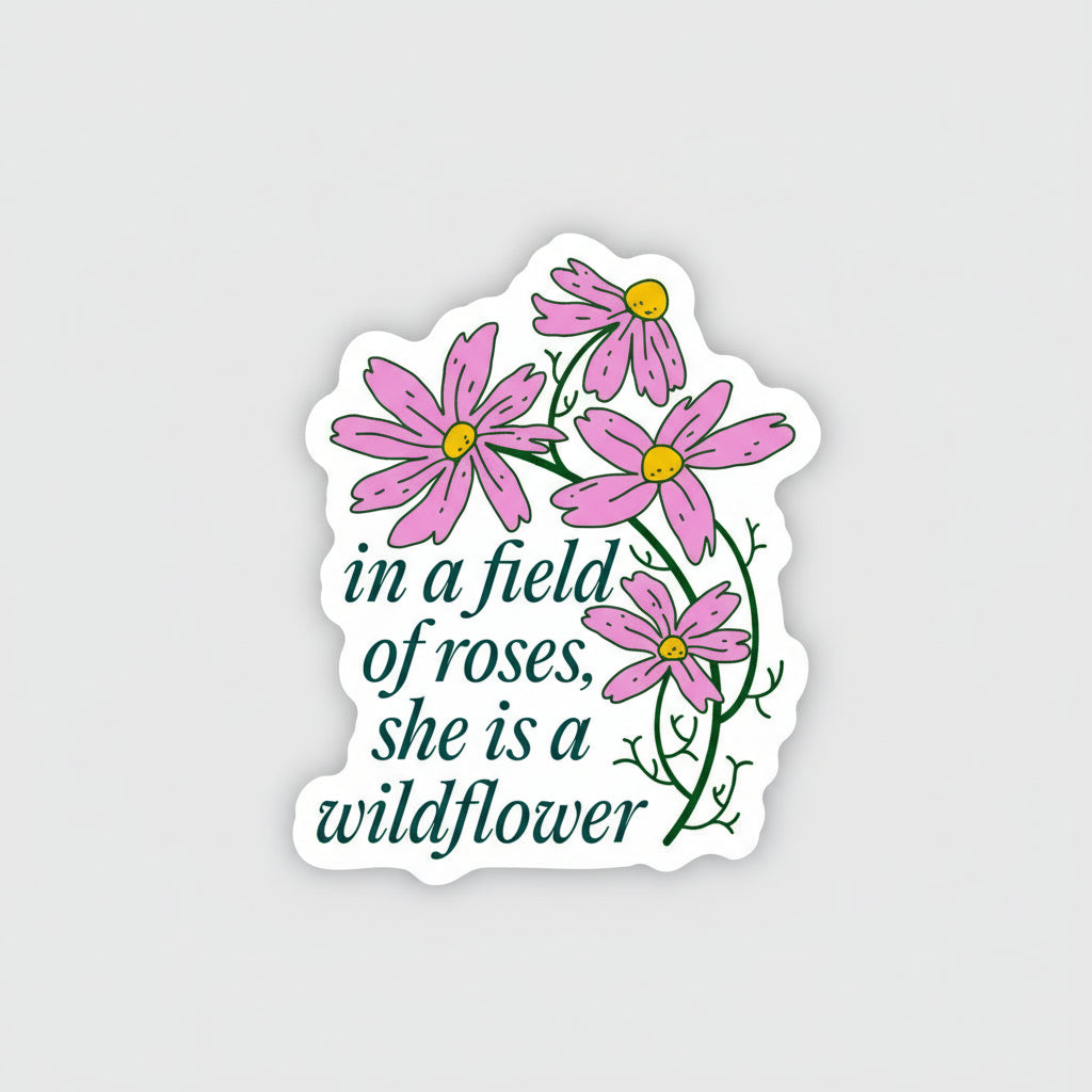 Sticker with pink flowers and text 'in a field of roses, she is a wildflower' on a white background