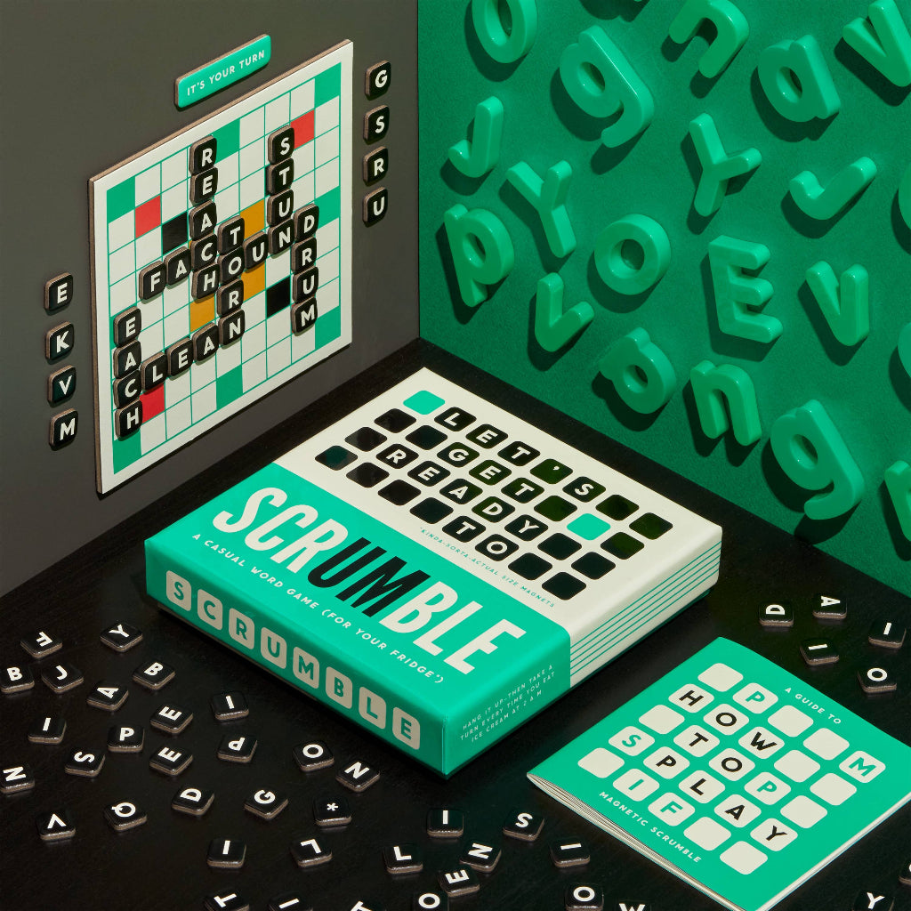 Scrumble game packaging with crossword-style board and letter tiles on a green background.