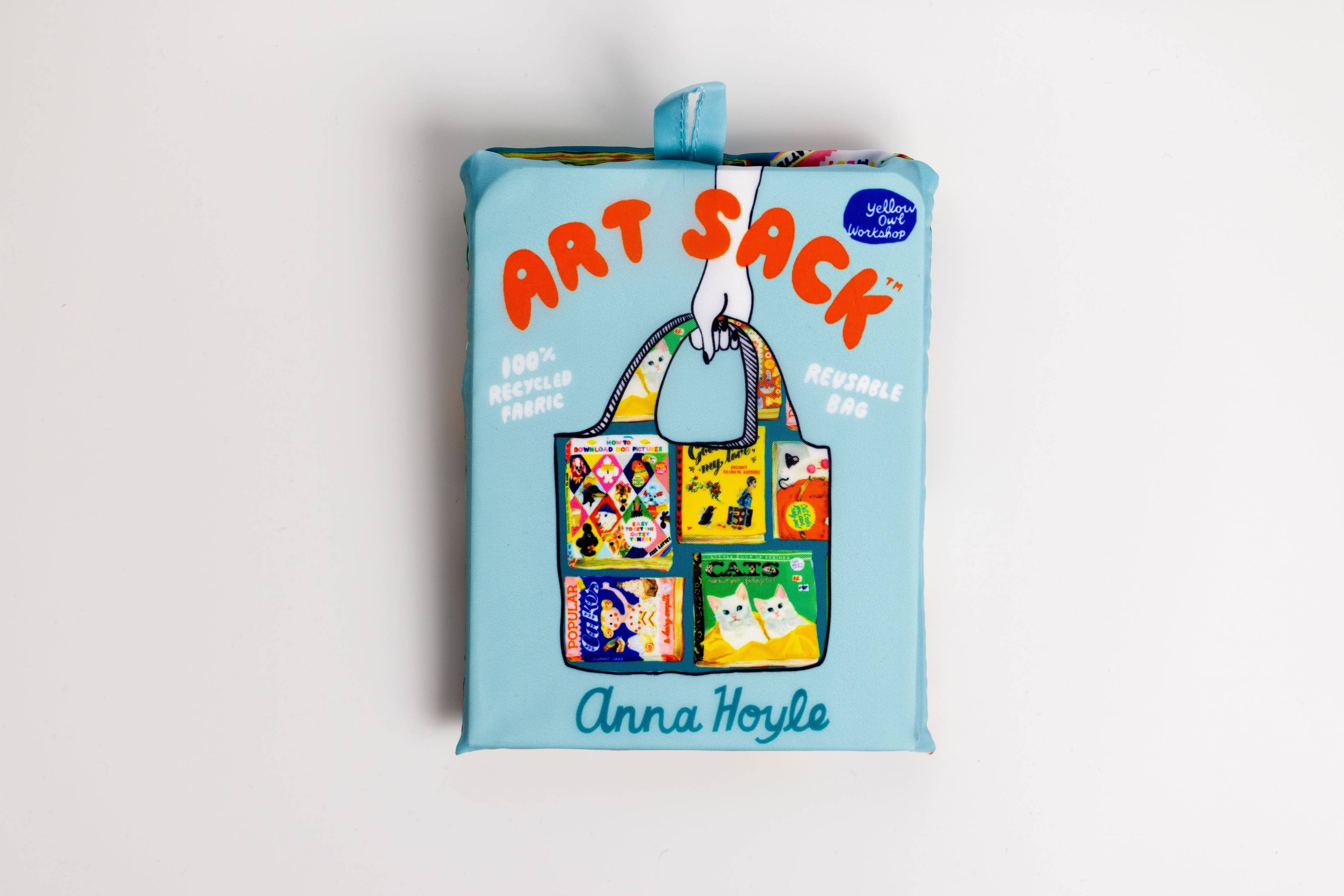 Close up view of the Anna Hoyle  Useless Books Art Sack folded up