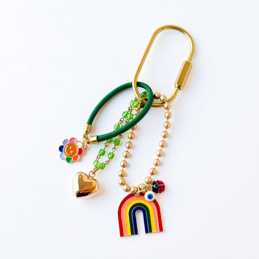 Rainbow Pride Keychain Bag Charm – Green Beads, Puffy Heart, Smiley Face & Lucky Charms