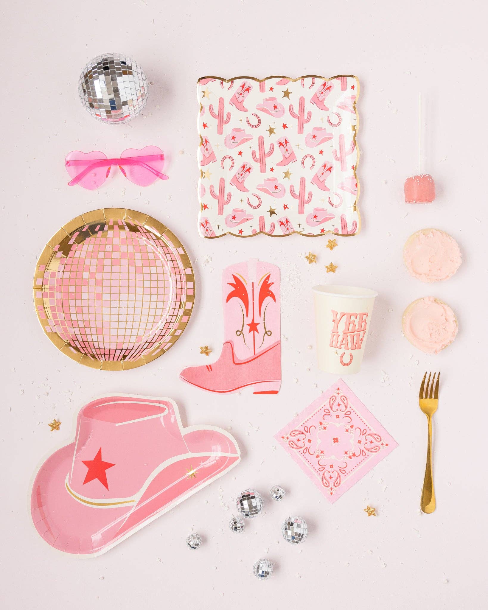 Celebrate with Pink boot-shaped napkins and other party decor