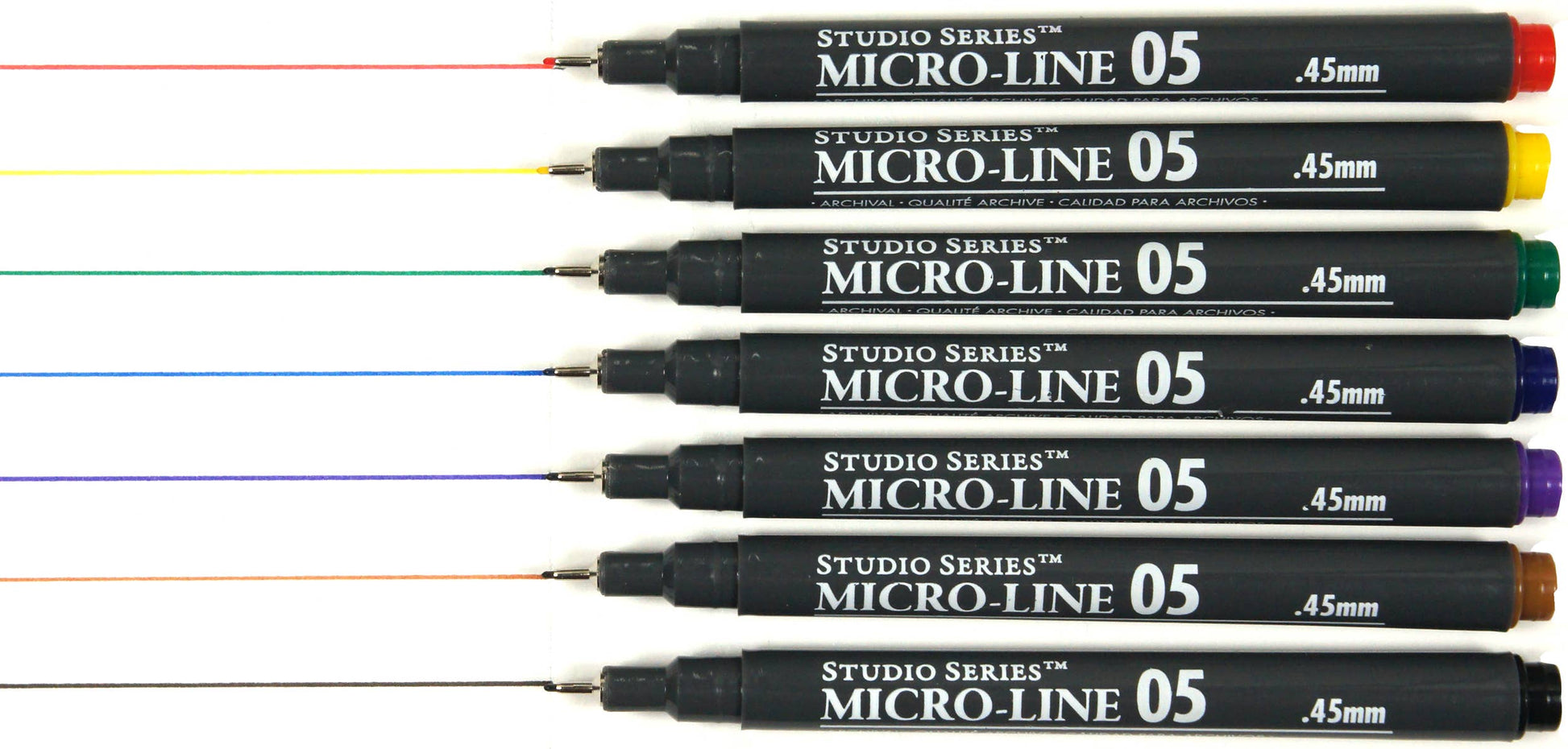Sample swatches showing fine-line ink in black, red, blue, green, purple, brown, and yellow