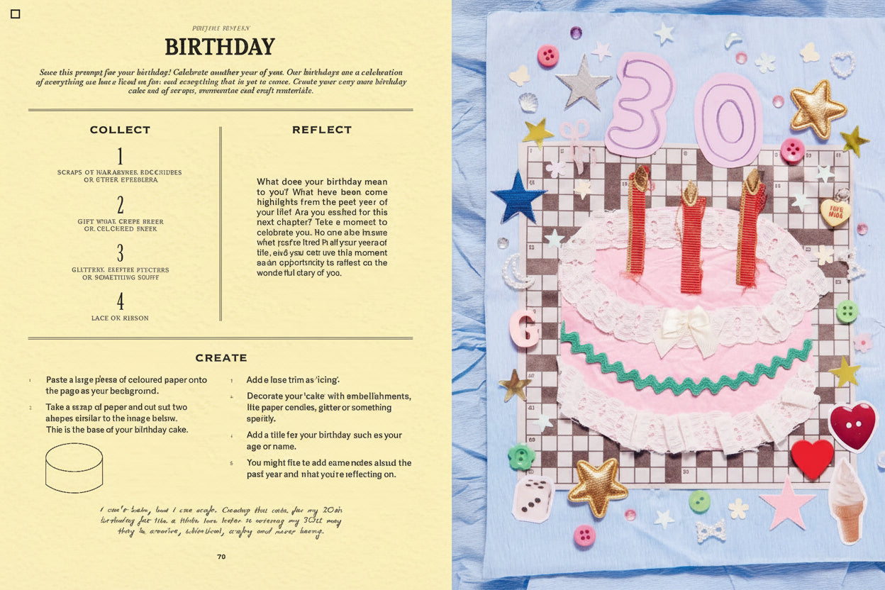 Page from the book with a birthday-themed layout, including a cake illustration and text.