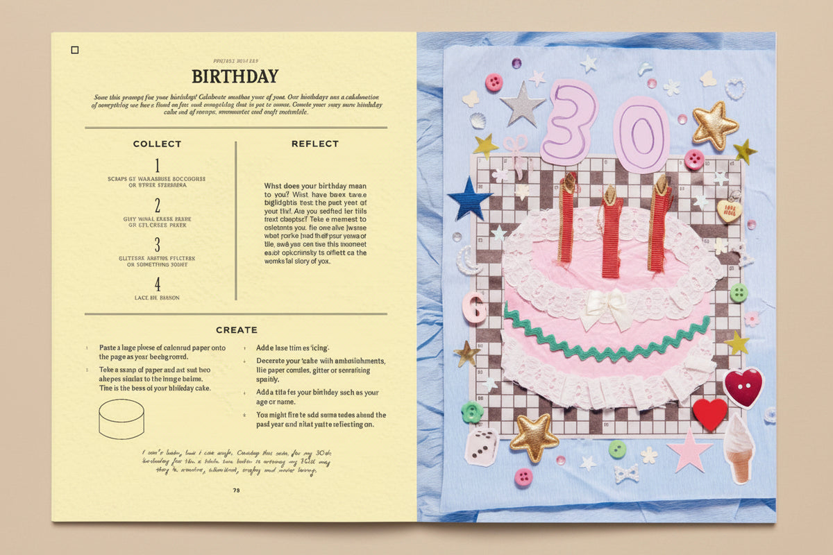 Page from the book with a birthday-themed layout, including a cake illustration and text.