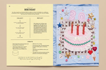 Page from the book with a birthday-themed layout, including a cake illustration and text.