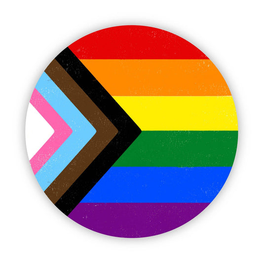 Round sticker with rainbow flag design featuring additional colors