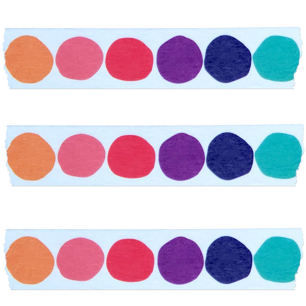 Three strips of the Rainbow Dot washi tape on a white background